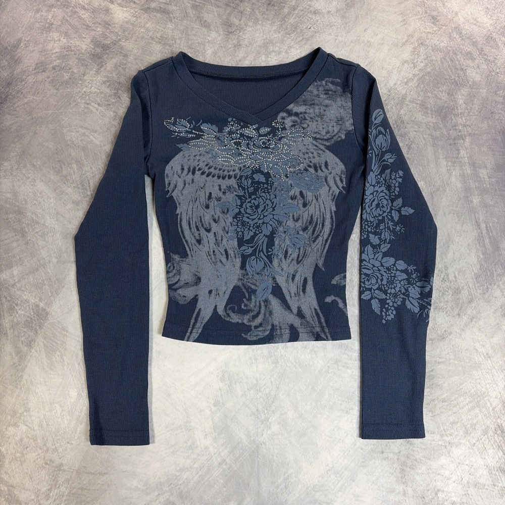 Y2K Unbranded Graphic Top Womens XS Blue Angel Wings Rhinestone Ribbed Tee